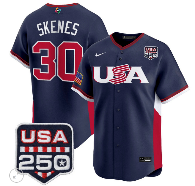 Men Team USA World Baseball Classic 250 America Patch #30 Paul Skenes blue 2026 MLB Jersey
